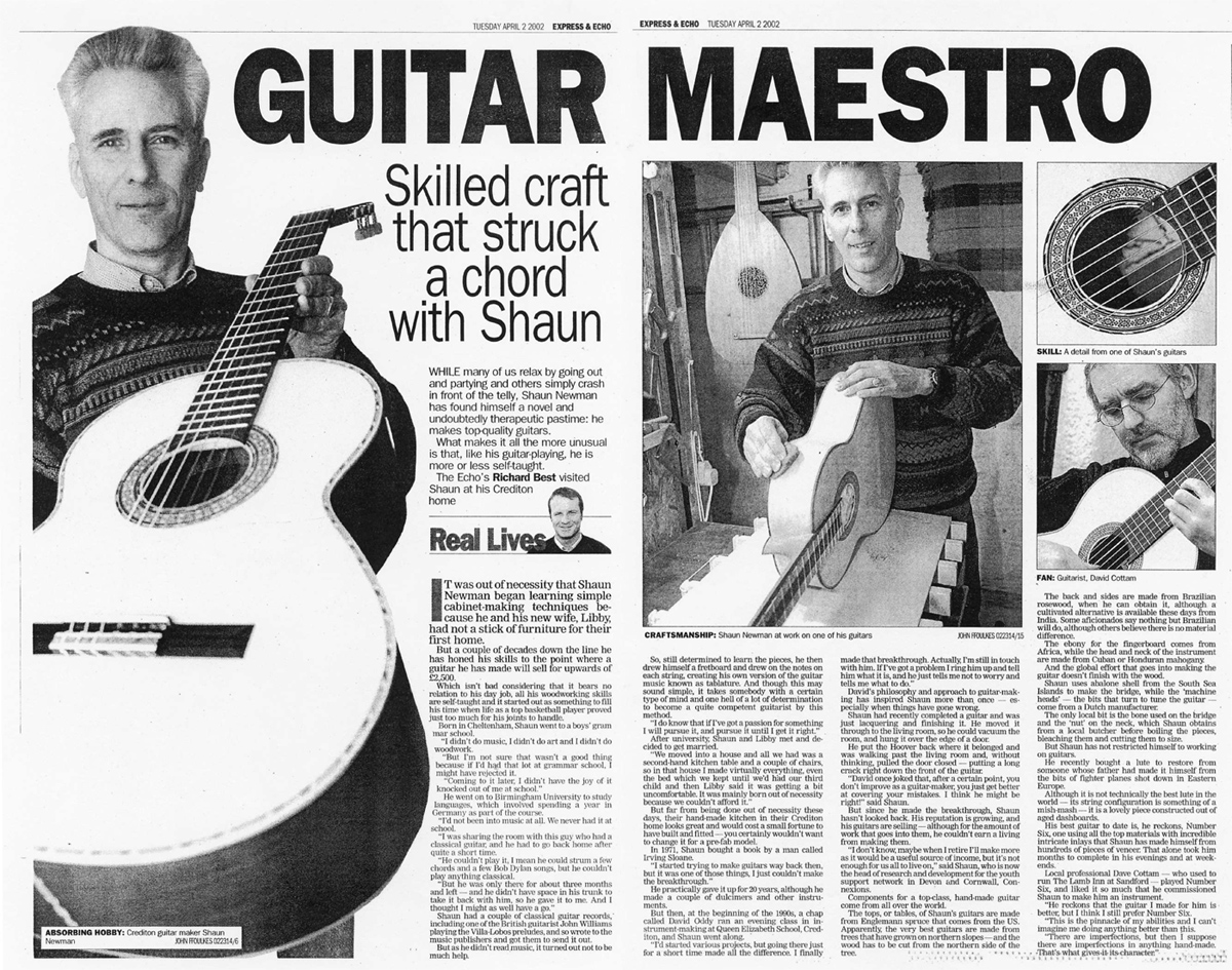 Express and Echo article about Shaun Newman's guitars,Apr2002