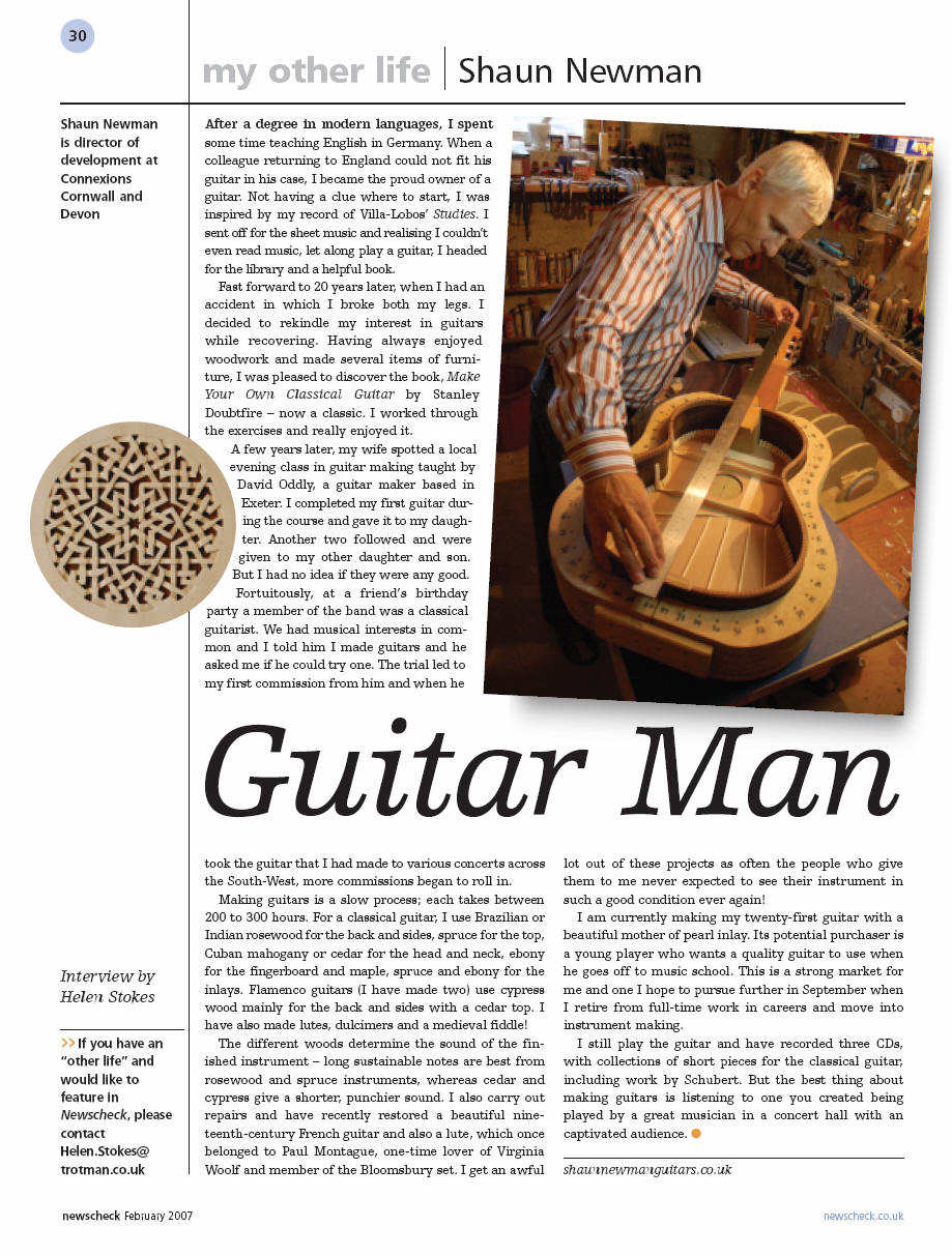 Article about Shaun Newman's classical guitars, in 'Newcheck', Feb 2007